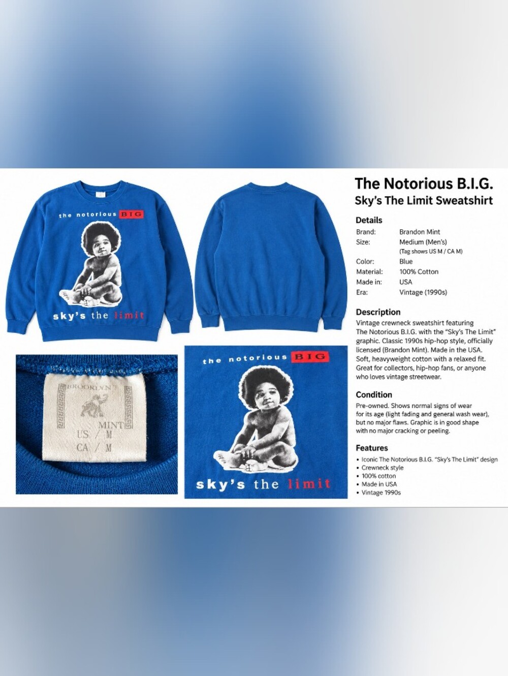 Blue Graphic Crewneck Sweatshirt - The Notorious BIG, Skys The Limit
